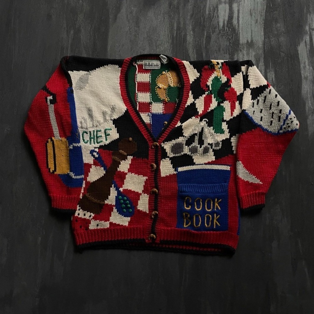 Vintage Chef Kitchen Novelty Cardigan Womens Small red 1990s BellePointe